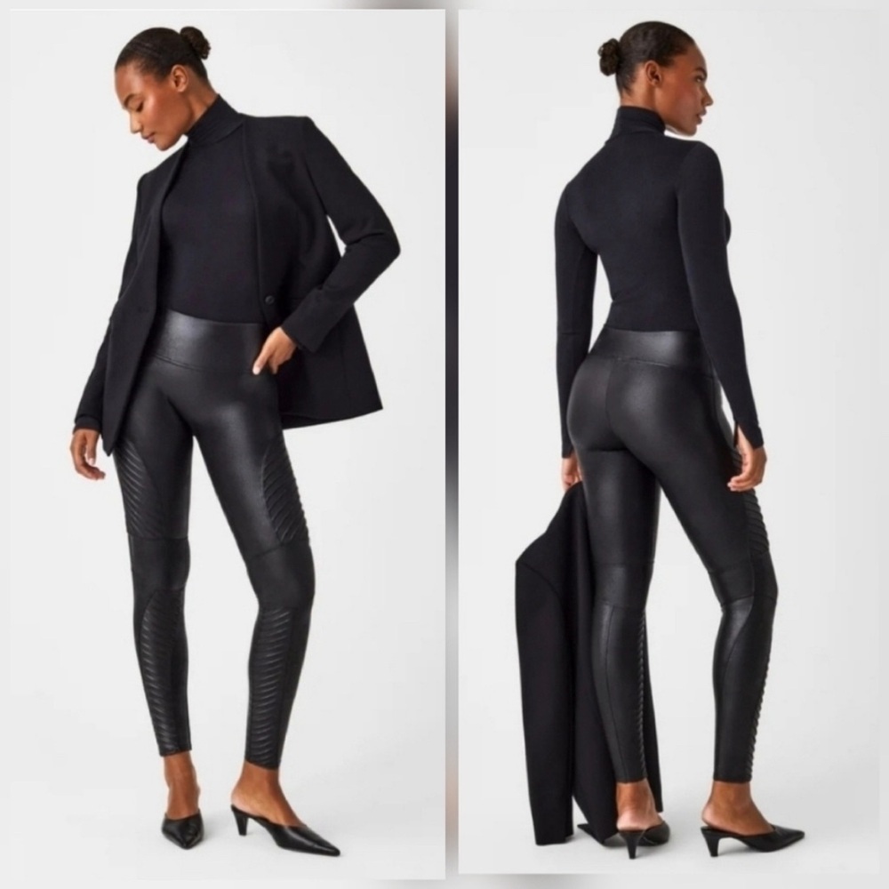 Spanx Revolve Black Faux Leather Quilted Moto Leggings Size Medium